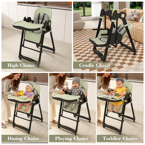 Image of Foldable Baby High Chair with 150 Swing & Recline,Convertible High Chairs for Babies and Toddlers,5 Height Levels,3 Backrest & Footrest Positions,Removable Double Tray,Lockable Wheels (Dark Green)