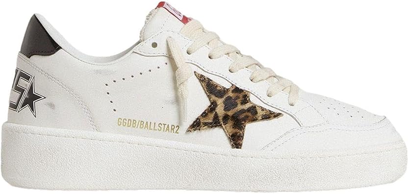 Golden Goose Womens Ball Star Leather Sneakers, White/Beige Brown Black Leo/Black