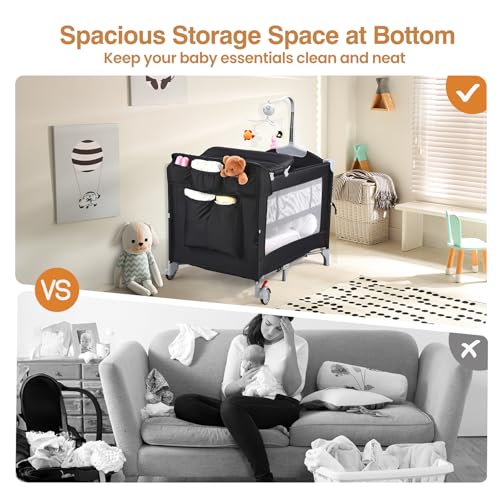 Image of JOYMOR 5-in-1 Pack and Play with Bassinet and Changing Table, Lightweight Travel Crib, Foldable Baby Playard, Waterproof Changing Top, Carry Bag & Wheels