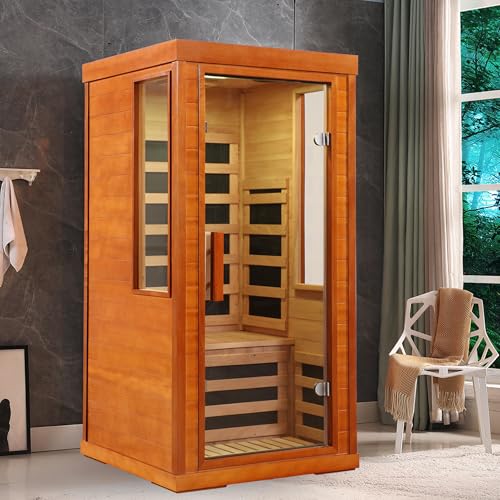 Far Infrared Saunas for Home, 1 Person Sauna Indoor Okoume Wood 1170W Low Emf Dry Sauna Room with