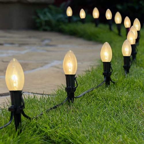 Image of GOOTHY C9 Clear Christmas String Lights, 25Ft Outdoor Christmas Lights with 26 Warm White Bulbs, Hanging Roofline String Lights Vintage Christmas Lights UL Listed for Patio Garden Backyard Decor