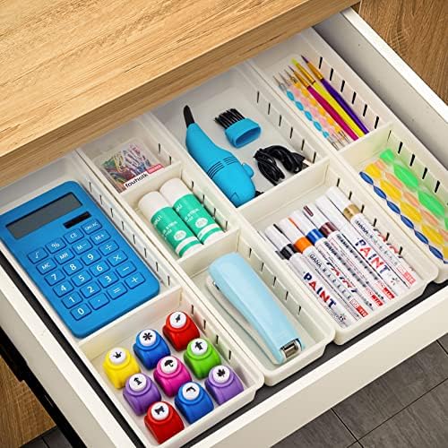 4 Pack Desk Drawer Organiser Set - Plastic Make up Organisers Trays with Movable Plates to DIY Adjust Length, Storage Dividers Organisers Kitchen Drawer Insert for Desk Cutlery Cupboard Fridge (White)