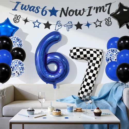 Image of 6 7 Birthday Decorations Six Seven Theme Birthday Party Decor Happy Birthday Decoration Funny 6 7 Meme Party Supply with I was 6 Now I'm 7 Banner 6 7 Balloon Blue Black and Checkered Balloons