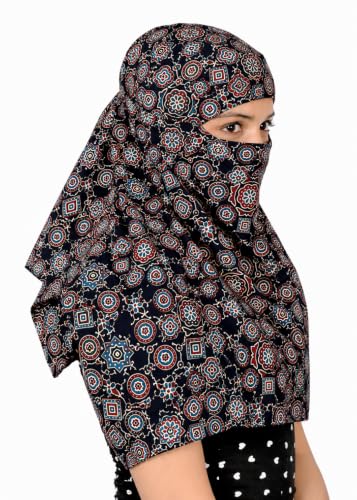 Image of Scarf Face Full Covering With Mask Head Hair Wrap Sun Protection For Women Cotton Printed Square All Season Wear