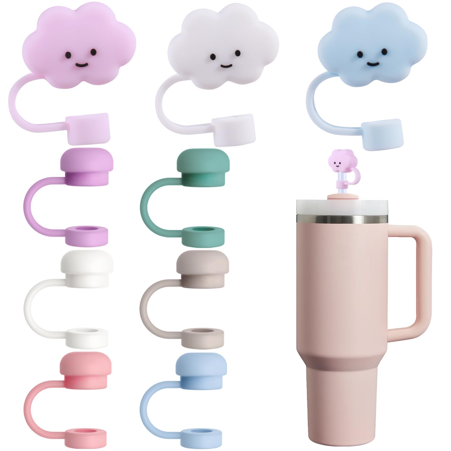 GLAMFIELDS 9pcs Straw Cover Cap for Stanley Cup 30 40 oz, 0.4in 10mm Cloud Straw Toppers, Reusable Soft Silicone Straw Covers for Stanley Tumbler Accessories Dust-proof Straw Tips Protectors F Set