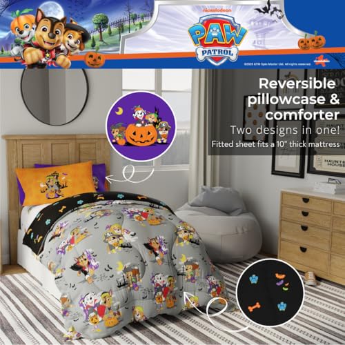 Image of Paw Patrol Kids Halloween Bedding 5 Piece Super Soft Cozy Reversible Comforter and Sheet Set with Sham, Twin, (Officially Licensed Product) By Franco