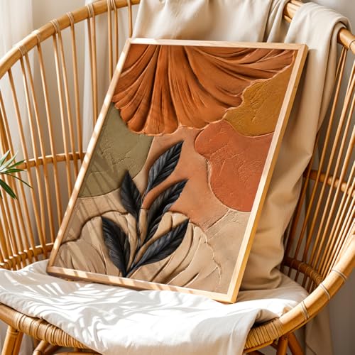 Image of NoWorries 3D Abstract Leaf Wall Painting with Frame Set of 1 | Premium Textured Black Leaf Artwork, Earthy Terracotta Botanical Wall Decor for Living Room, Bedroom, Office and Home Decoration (3d Art-5,17x25inch)