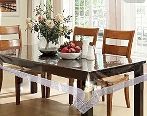 ROYAL - NEST Self Design 6 to 8 Seater Transparent Table Cover with Lace Silver (Plastic) 60 x 108