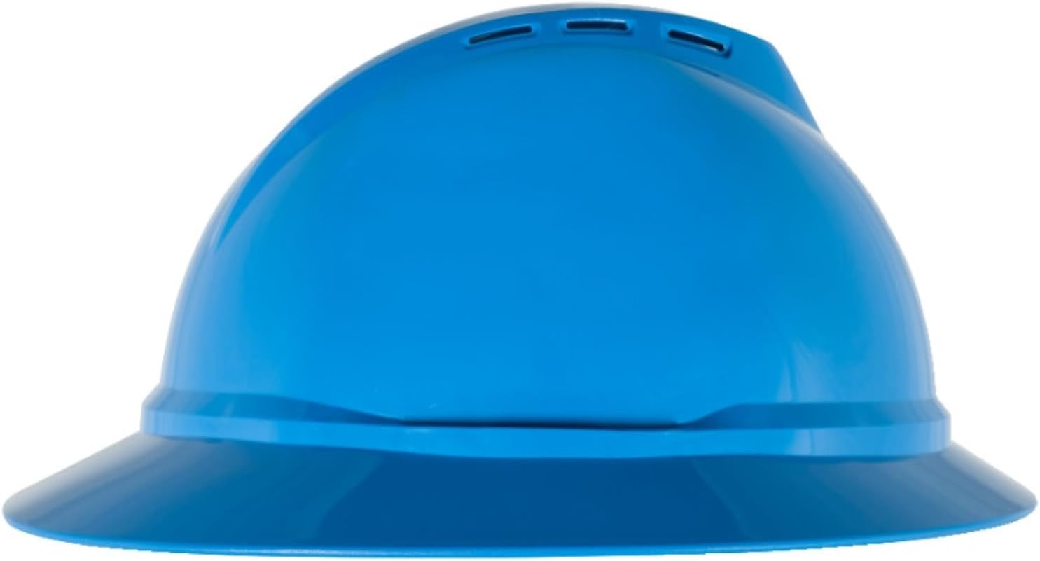 MSA 10167951 V-Gard 500 Full-Brim Hard Hat with 6-Point Fas-Trac III Ratchet Suspension | Polyethylene Shell, Superior Impact Protection, Self Adjusting Crown Straps - Standard Size in Blue