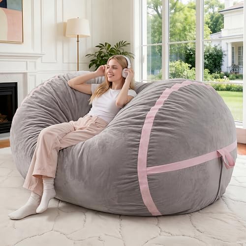 Image of 4FT Bean Bag Chair 4'Big Bean Bag Chairs with Adults, Large Beanbag Chair | Bean bag Lounger with Machine Washable Cover Velvet Fabric, Comfy Chairs for Living Room Bedroom Dorm, Lightgrey with Pink