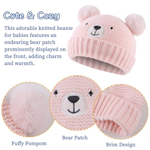 JANGANNSA Cute Bear Baby Beanie Pompom Baby Boys Hat Infant Toddler Winter Knitted Beanies for Girls3
