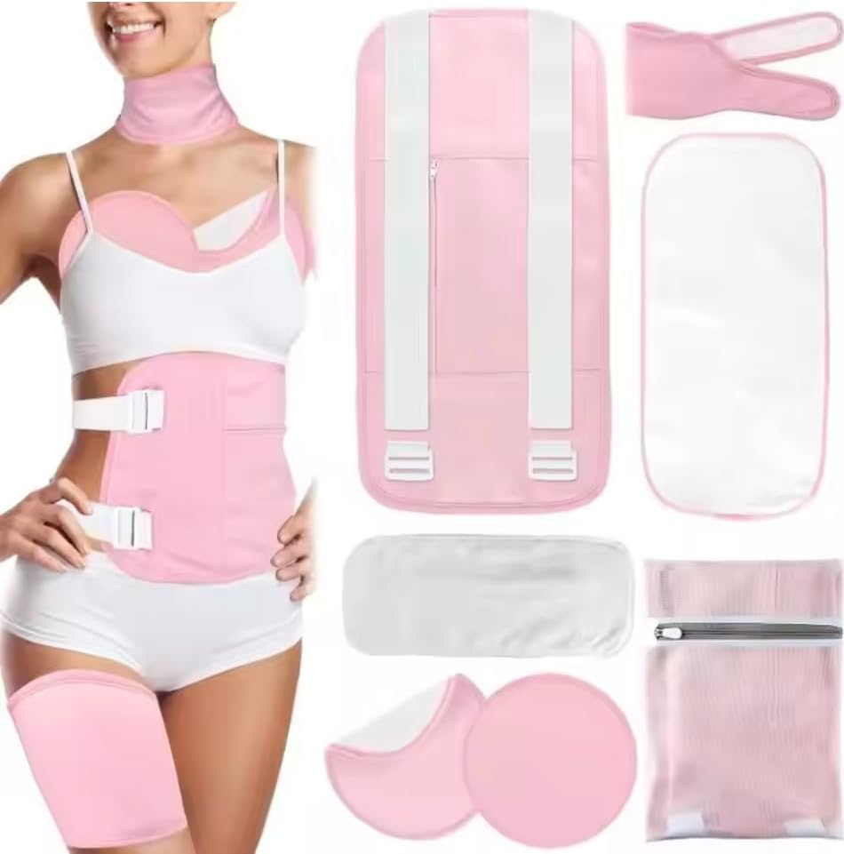 7 Pcs Castor Oil Pack Wrap Organic Cotton for Liver Detox, 1 Stomach/Belly, 1 Neck, 2 Breast, 2 Legs, and 1 Laundry Bag Reusable Pads Kit for Hot/Cold Compress with Adjustable Elastic Strap