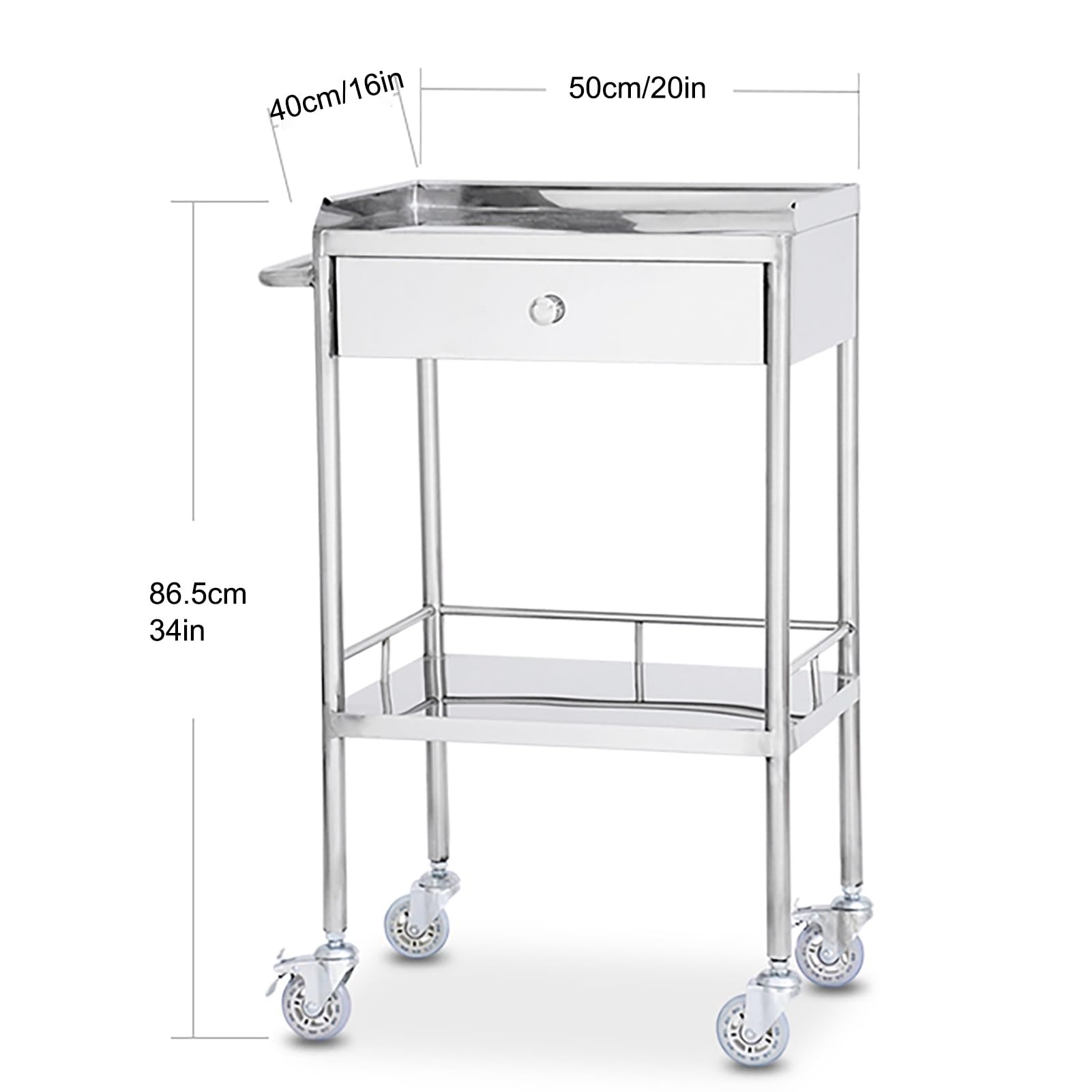 Carro de Servicio, Carro de mesa de trabajo de acero inoxidable con ruedas, carro de acero inoxidable de 2 capas con un cajón, carro de laboratorio dental con ruedas comerciales, para hospitales