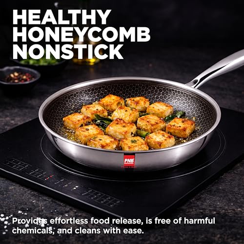 Image of PNB Kitchenmate Triply Fry pan Non Stick with Glass Lid -24 cm| Honey Comb Frying pan with Lid | Frying pan nonstick | Nonstick Fry pan | Metal Spoon Friendly, Stay-Cool Handle | 5-Year Warranty