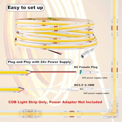Image of COB Light Strip CRI 93+ Warm White Led Strip Lights 3000K 24V 16.4 ft Flexible Uniform Non-Waterproof Under Cabinet Bedroom Kitchen Closet DIY Lighting Decor - Power Supply Not Included