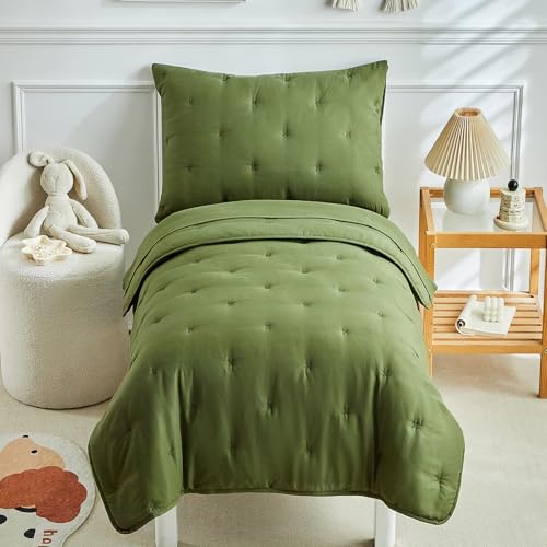Image of DuShow 4 Pieces Toddler Bedding Set,Embroidery Crib Comforter Set for Boys Includes Toddler Bed Comforter,Fitted Sheet,Flat Sheet and Envelope Pillowcase,Soft Toddler Bed Sheet Set-Olive Green
