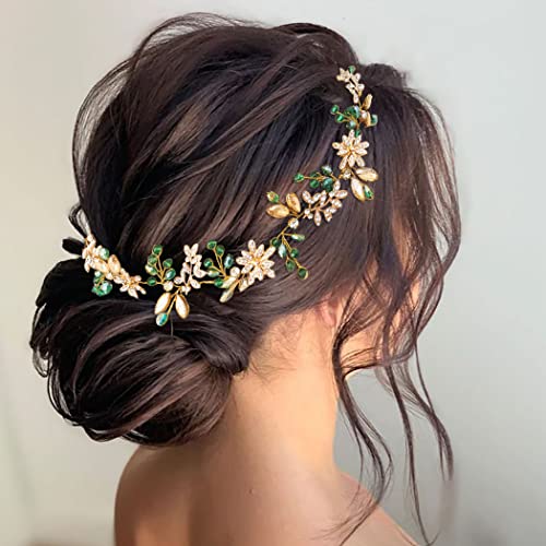 IYOU Crystal Bridal Hair Vine Green Rhinestone Wedding Headband Leaf Headpiece Prom Guest Hair Accessories for Brides and Bridesmaid