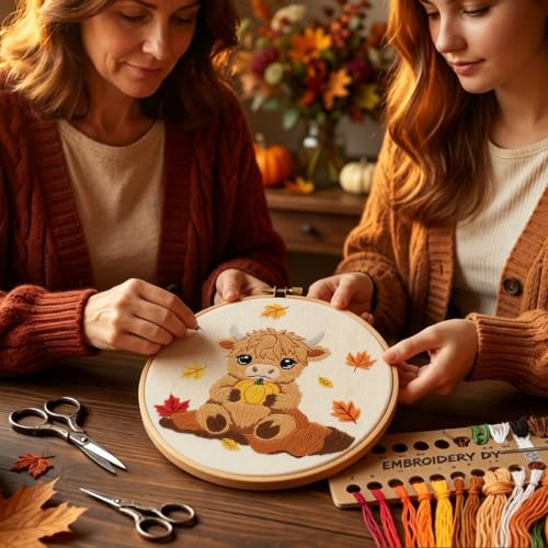 Image of Louise Maelys Highland Cow Embroidery Kit for Beginners(Autumn | Cross Stitch Kit for Adults,Stamped Pattern, Complete Easy Needlepoint Kit, Easy Craft Thankgiving Gift And Room Decor