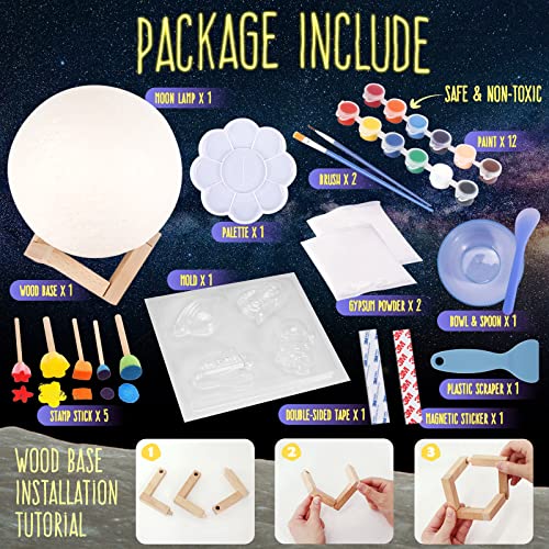LAOESE Paint Your Own Moon Lamp Kit, DIY 3D Moon Night Light with Wooden Stand, Creativity Arts & Crafts Kit Art Supplies for Kids, Teen Girls Kids Birthday Gift Ages 3 4 5 6 7 8 9 10 11 12+