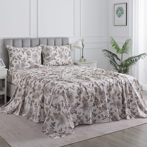 Image of Vintage Brown Floral Percale Bed Sheets, Queen Size 100% Cotton Deep Pocket Botanical Flower Farmhouse Sheet Set, Crisp Shabby Chic Toile Sheets, French Country Bedding, Cream White, 4Pcs