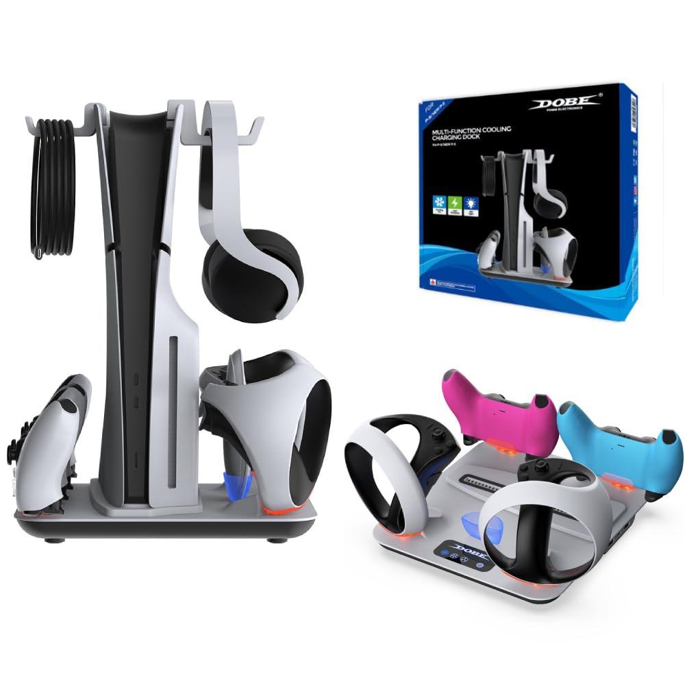 per PS5/PS5 Accessori Slim Stazione di Ricarica Supporto di Raffreddamento, PSVR2 Controller Stazione di Ricarica Dock, Controller Caricabatterie Ventola di Raffreddamento per PS5/PS5 Slim Console