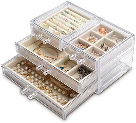 Frebeauty Acrylic Jewelry Box 4 Drawers,Clear Jewelry Organizer Velvet Rings Necklaces Earring Bracelets Display Case Stand Holder Tray for Women Girls (Beige)