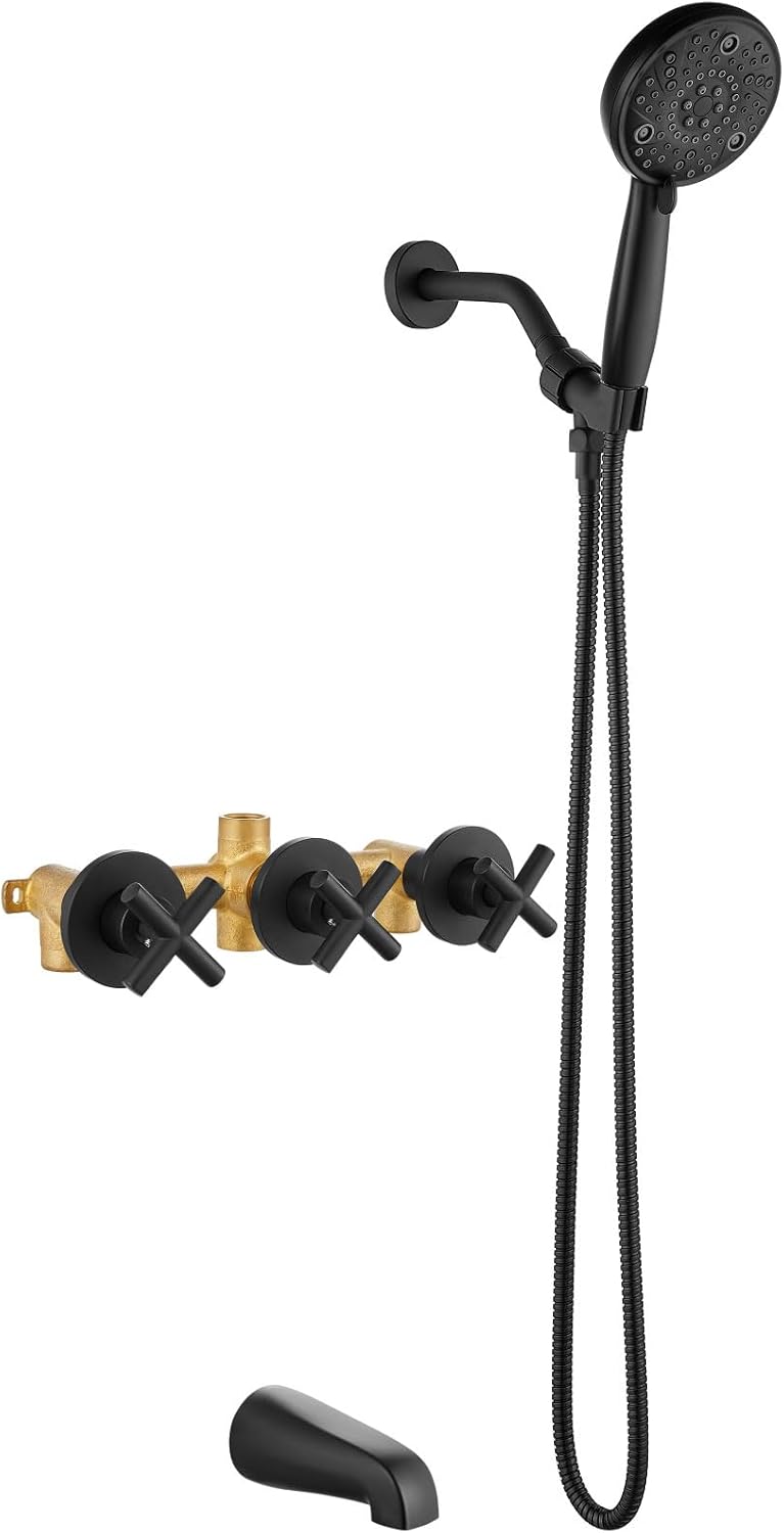 Aolemi 3 Handles Tub Shower Faucet Set with Valve Bathtub Combo Set Shower System Complete Trim Kit Wall Mounted Matte Black