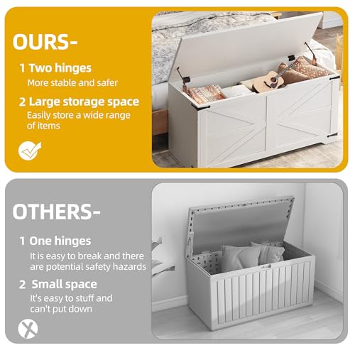 DWVO Storage Bench, 39.4" Farmhouse Storage Chest with 2 Safety Hinges, Wooden Storage Organizer, Shoe Bench for Entryway, Bedroom, Living Room, White