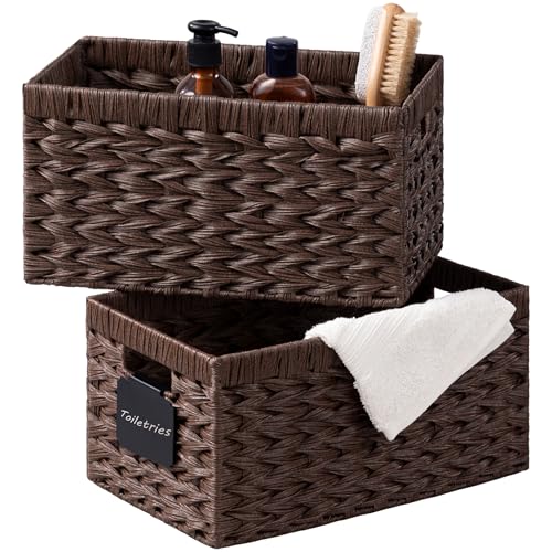 UBBCARE Storage Baskets with Label, Wicker Pantry Baskets for Shelves, Waterproof Woven Basket for Organizing, 2-Pack Plastic Rectangle Organizers with Handles,Dark Brown (13.4L×8.3H×7.1W)