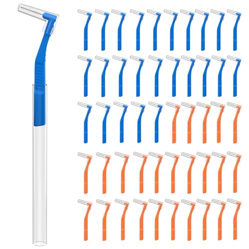 Image of Fremouth 50 Angle Interdental Brushes with Extended Handle for Braces, 2 Sizes, Tight(0.7mm),Wide(1.2mm), L- Shaped Interproximal Floss for Dental Plaque Removal Health