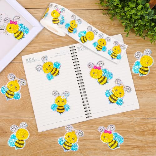Image of 500Pcs Summer Bee Stickers Roll 1.5in Large Glitter Bumble Bee Seal Stickers 5 Designs Cartoon Animal Waterproof Classroom Reward Decals for Spring Bottle Scrapbook Journal Decor