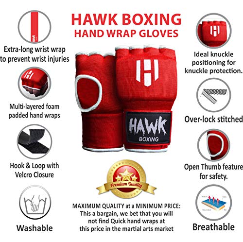 Hawk Padded Inner Gloves Training Gel Hand Wraps For Boxing Quick Wraps Men & Women Kickboxing Muay Thai Mma Bandages Fist Knuckle Wrist Protector Handwraps (Pair) (Red, L/Xl) #TOP1