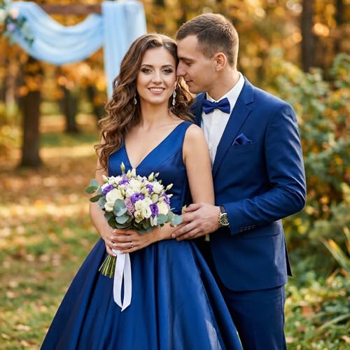 Image of HISDERN Bow Ties for Men Solid Color Pre-Tie Bow Tie and Pocket Square Set Classic Formal Tuxedo Bowties for Wedding Party