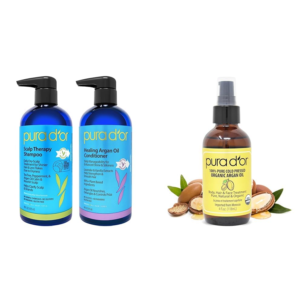 PURA D'OR Scalp Therapy Shampoo & Conditioner Set(16 fl oz x 2) + 4 Oz Organic Argan Oil - For Dry Scalp, Damaged Hair & Skin