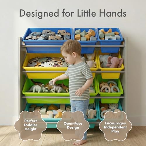 Image of Humble Crew Toy Storage Organizer with 12 Removable Storage Bins for Kids Playroom, 4-Tier Toddler Toy Organization, Grey /Blue /Green /Yellow