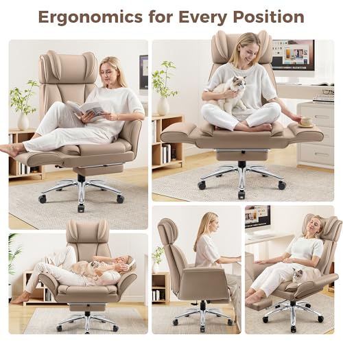 Image of Big and Tall Office Chair, Flip Armrests for Pets & Cross Legged Sitting, Ergonomic Leather Executive Desk Chair with Foot Rest, High-Back Reclining Computer Chairs for Home Office Gaming, Khaki