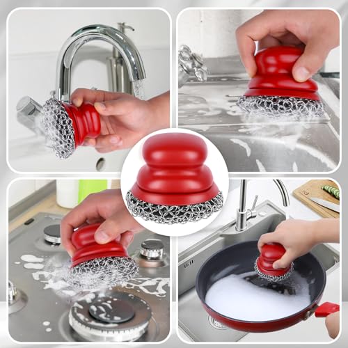 Image of Cast Iron Scrubber and Scraper, Chain Mail Scrubber Cast Iron for Cleaning Dishes, Stock Pots, Pans, Griddles, Grills, Dish Scouring Pads