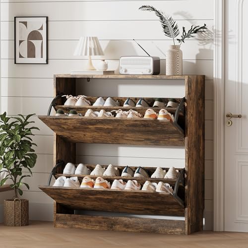 Image of Xixini Shoe Storage Cabinet for Entryway with 2 Flip Drawers, Sturdy Wood Hidden Shoe Storage, Freestanding Narrow Slim Shoe Organizer for Front Door Entrance, Living Room, Hallway, Bedroom, Brown