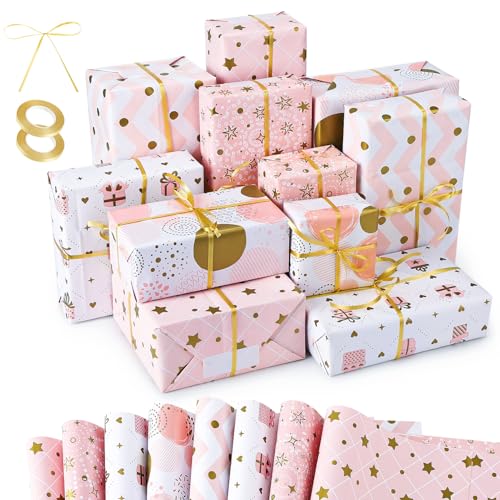 Halinuia - Papel de regalo para cumpleaños, color rosa, papel de regalo con cinta para niña, 70 x 50 cm, papel reciclado, regalo para boda, 8 hojas