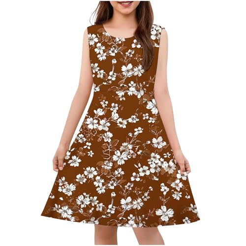 Lemoiitea Vestido sin mangas para niñas, elegante estampado floral, cuello redondo, hasta la rodilla, vestido de verano sin mangas, vestido acampanado para exteriores, vestidos casuales de 4 a 13 años
