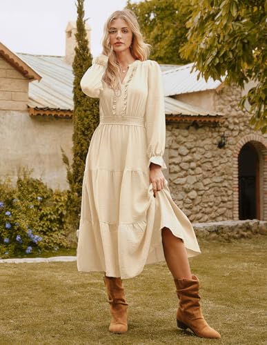 Image of GRACE KARIN Women's Casual V Neck Lantern Long Sleeve Ruffle Smocked Waist Tiered Midi A Line Dress with Pockets
