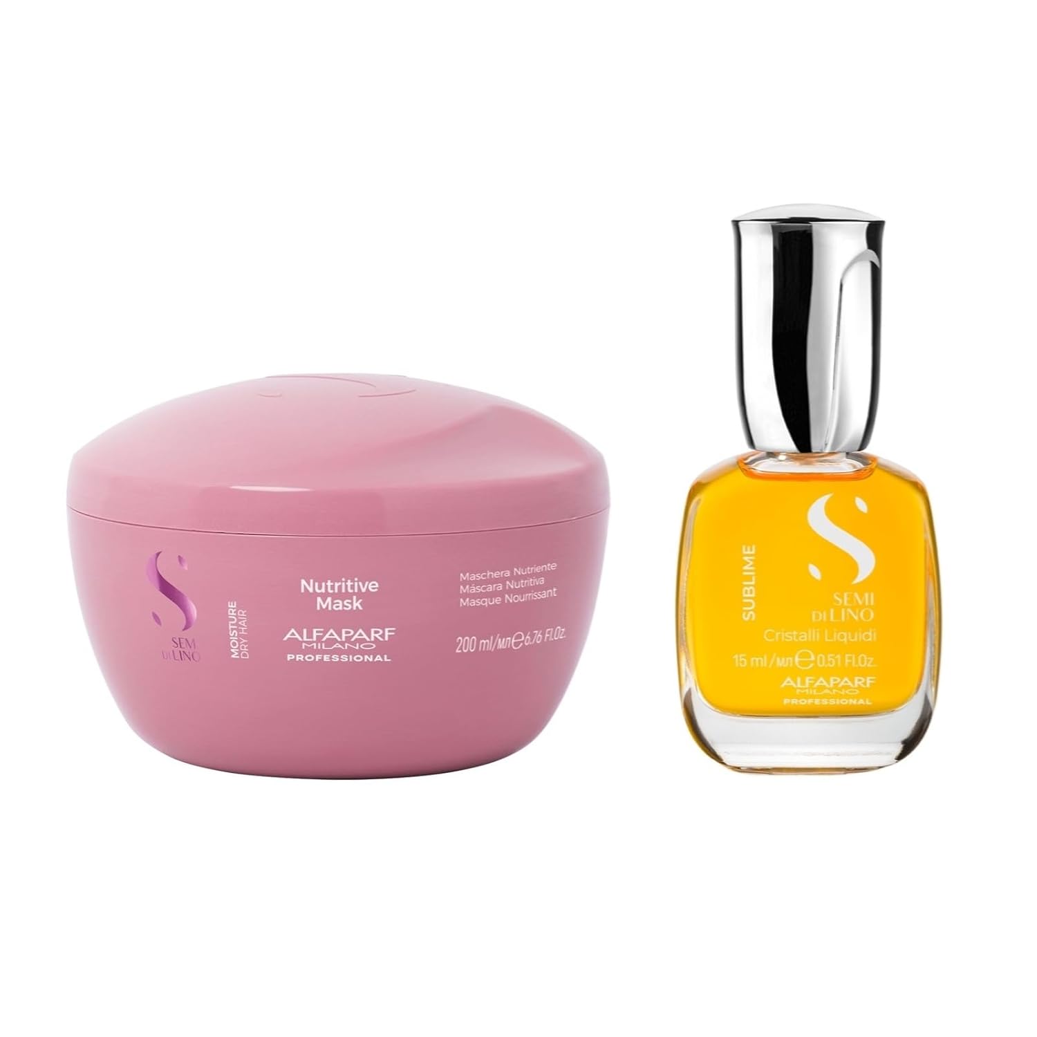 Alfaparf Milano Semi di Lino Moisture Hair Mask for Dry Hair and 15ml Cristalli Liquidi Hair Oil Serum Set- Moisturizing and Hydrating Deep Conditioning Mask - Smoothing and Shine Enhancing Oil
