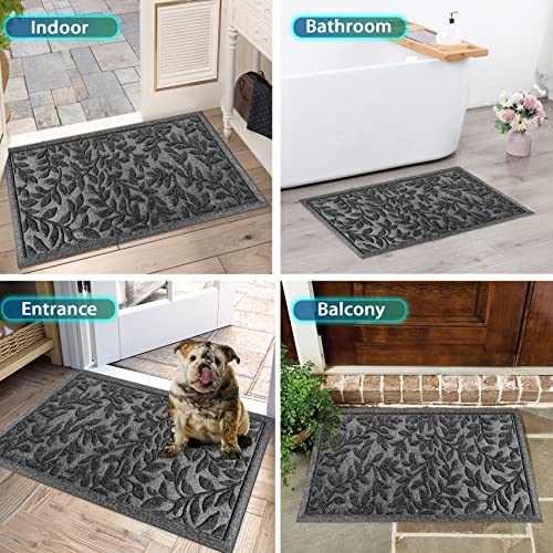 Bulijojo Sturdy Front Entrance Doormats,Durable Heavy Duty Welcome Mat,Thick Absorbent Natural Rubber Non Slip Mat,Easy Clean Entryway Mat Leaves Grey 23"x35"