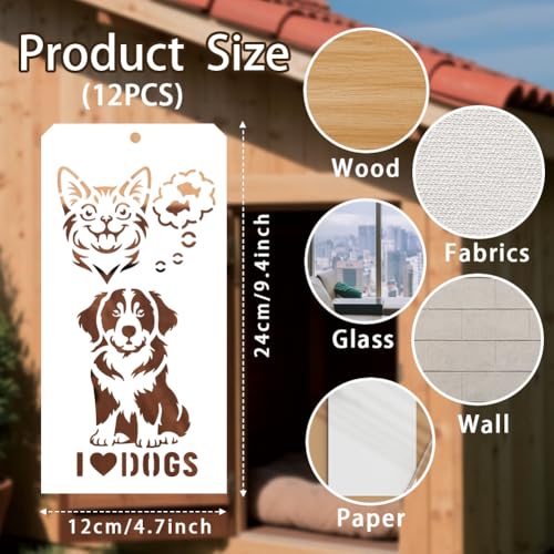 GOMAKERER 12 Blatt Haustier Theam Schablonen Zum Malen, 25 Stile Hunde/Katzen/Hundeknochen Zeichenvorlagen Niedliche Tier Randschablone Zum Malen Auf Wand Holz Heimdekoration