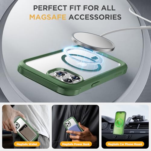 Image of Miracase Magnetic for iPhone 14 Pro Max Case 6.7 inch, (Compatible with MagSafe) Upgrade Full-Body Clear Phone Bumper Case with Built-in 9H Tempered Glass Screen Protector, Magnetic Acacia Green