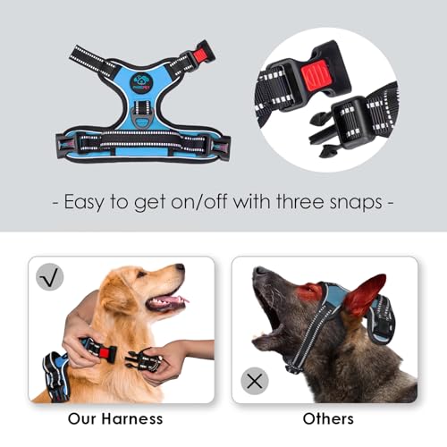 Image of PHOEPET Reflective Dog Harness Large Breed Adjustable No Pull Vest with Handle 2 Metal Rings 3 Buckles [Easy to Put on & Take Off](L, Blue)