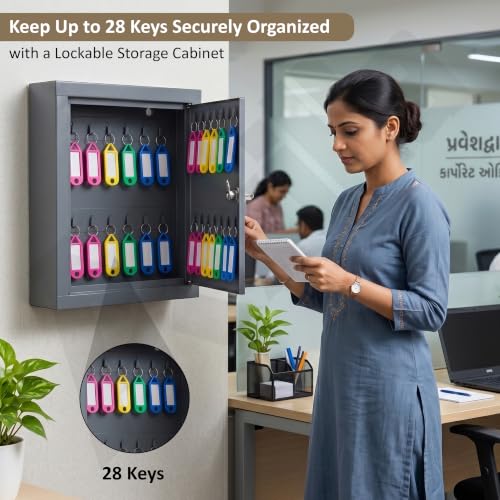 Image of Key Holder Box with 28 Hooks | GI Steel Lockable Key Cabinet for Wall Mount | Key Storage Box with Lock & Key for Home, Office, Hotel, Shop & School (Grey)