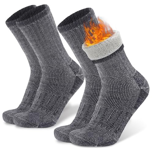 2 Pack Warm Thick Thermal Merino Wool Blend Hiking Socks for Men Women Thick Cushioned Crew Boot Socks for Winter Cold, 2 Pack Light Grey1, Large-X-Large