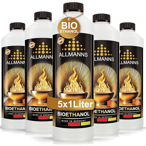 Allmanns Bioethanol 5 x 1l 100% | Bio Ethanol 100 Prozent | Reiner Bioalkohol geeignet für Indoor & Outdoor | ideal für Tischkamin Tischfeuer Kaminofen...