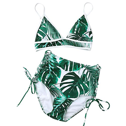 Bikini Mujer 2018?EUZeo?Sexy Estampado Hojas Cintura Alta Traje de baño Dividido bañadores de Mujer Fiesta bañador Mujer Bañador de baño Womens Sujetador Conjunto Bikini (M, Verde)